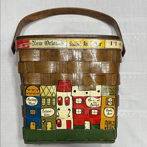 Caro-Nan Hand-Painted VTG 60-70’s Brown Purse Basket with Colorful Town Design